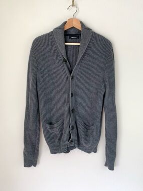 Claiborne Men's Gray Shawl Collar Button-Up Sweater Chunky Knit